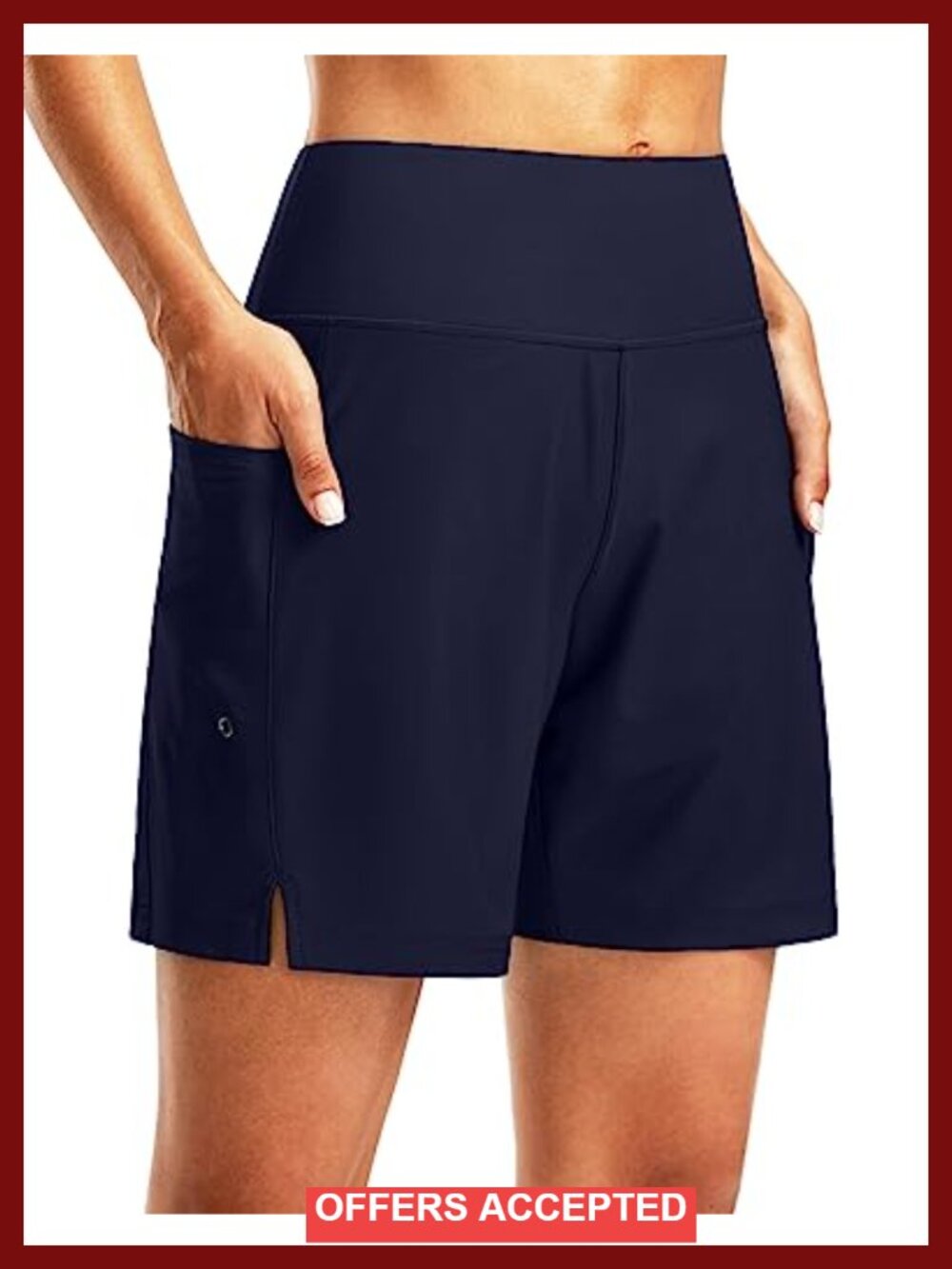 7" High Waisted Swim Board Shorts with Liner Pockets UPF 50